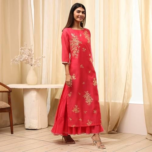 Biba Women Fuschia Poly Chanderi Dress_38 - Image 3