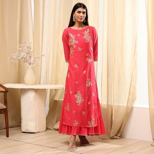 Biba Women Fuschia Poly Chanderi Dress_38 - Image 5
