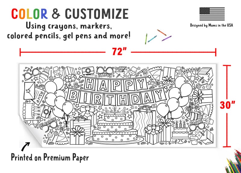 Tiny Expressions Giant Coloring Poster for Kids' Birthday - Rolled, Not Folded - 30" x 72" Coloring Table Cloth for Kids Activity - Large Happy Birthday Coloring Banner - Image 4