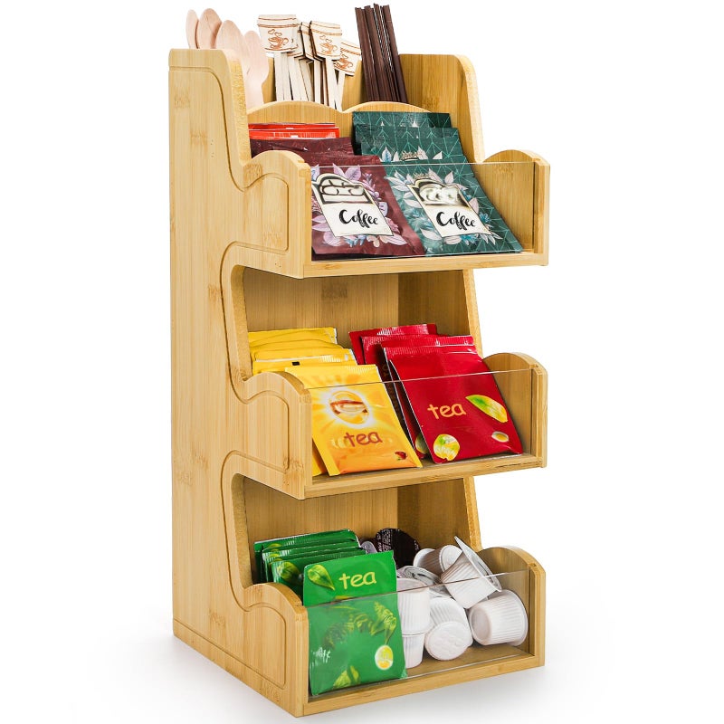Nagpew Coffee Bar Organizer, Bamboo Coffee Station Organizer with Acrylic Front Wall, 3-Tiered Condiment Holder for Countertop, Office, Home, Kitchen - Image 1
