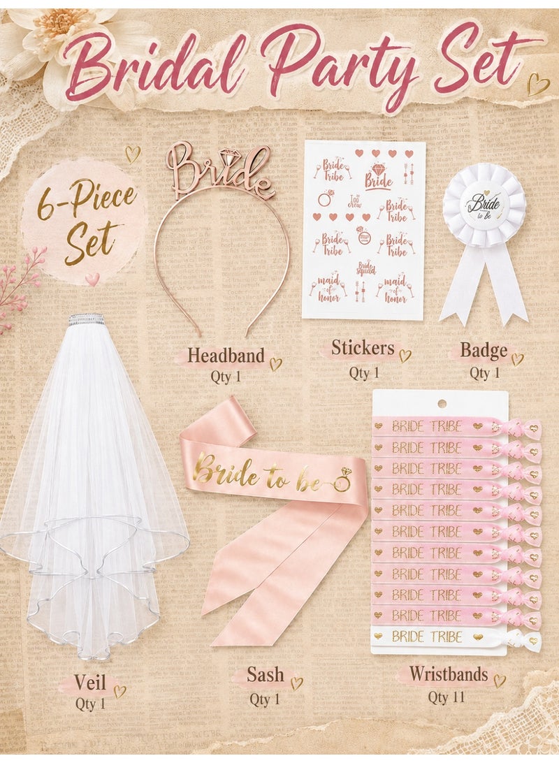 Bachelorette Party Decorations Kit,Bride To Be Sash And Veil White Set,Rose Gold Bride to Be Pink Decorations Kit,Bridal Shower Supplies Includes Bridal Sash,Rhinestone Tiara,White Veil, Sticker - Image 1