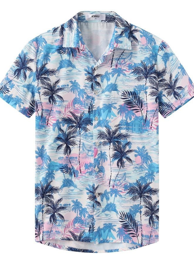 KYKU Hawaiian Button Men Shirt: Summer Short Sleeve Tropical Casual Clothing, Tree Multicolor Men Hawaiian Button Shirt, XL - Image 1