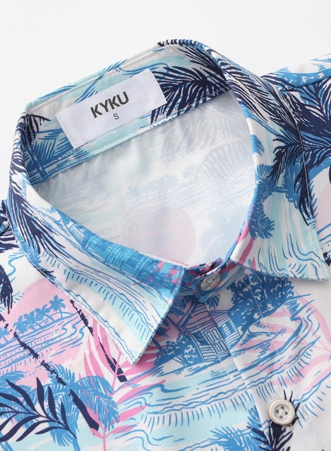KYKU Hawaiian Button Men Shirt: Summer Short Sleeve Tropical Casual Clothing, Tree Multicolor Men Hawaiian Button Shirt, XL - Image 4