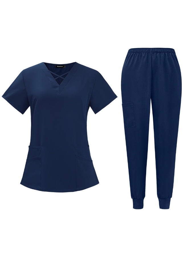 NIBEMINENT Medical Scrubs Surgical Uniforms Women Fashionable V-neck Short Sleeved Top Pants Sets Hospital Doctor Clinic Nurse Work Uniform - Image 1
