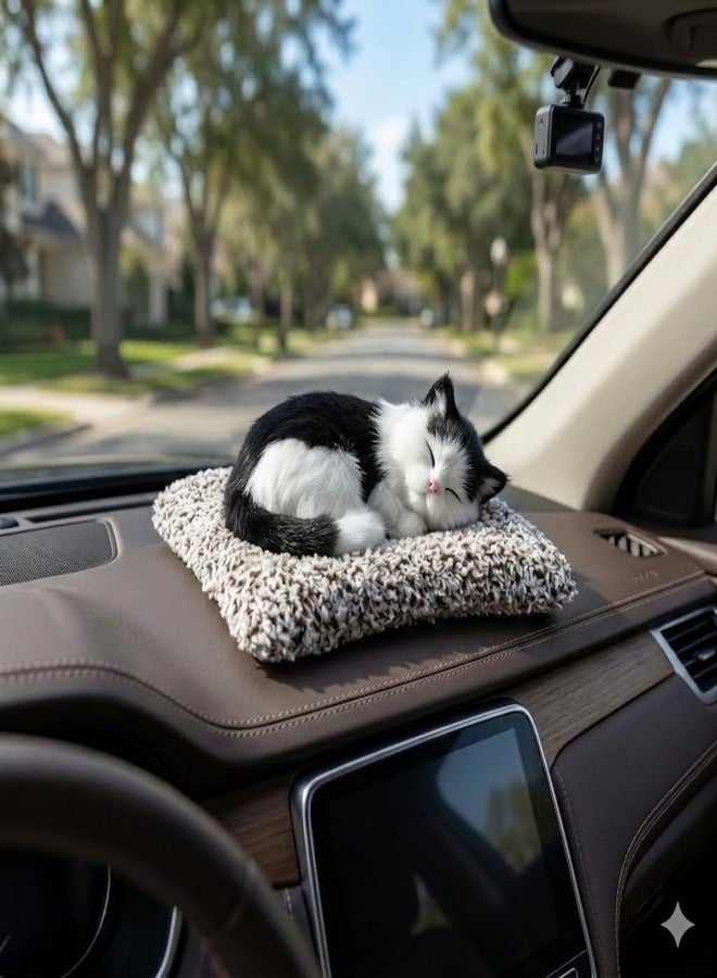 GLEAM® Realistic Plush Cat Toy with Meow Sound for Kids, Super Soft Stuffed Animal on Grey Mat car Dashboard Home Decor showpiece (GleamWhiteBlacksmall) - Image 3