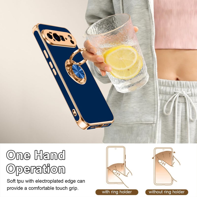 Tnarru Designed for Google Pixel 10 Pro XL Case with Ring Stand, Support Magnetic Car Mount Rotating Finger Holder Soft TPU Cover Plating Edge Slim Phone Case for Pixel 10 Pro XL 5G Blue - Image 4