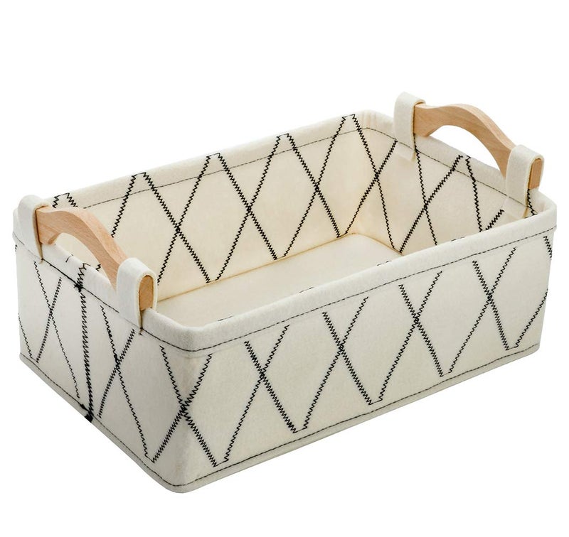 KWLET Small Storage Baskets Toy Storage Organizer Rectangle Basket Empty Gift Baskets Shelf Baskets Decorative Storage Basket With Wooden Handles for Keys Makeups Remotes Books