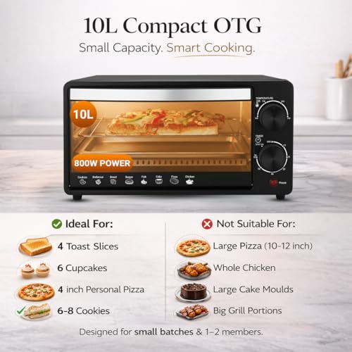 INALSA Oven Toaster Griller 10 L, Cake Baking Oven OTG Multi-Task with Temperature 800 Watts, Includes Baking Pan, Grill Tray & Tray Handle (Black/Silver), kitchen,2 Year Warranty - Image 3