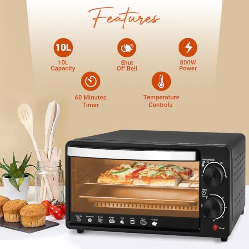 INALSA Oven Toaster Griller 10 L, Cake Baking Oven OTG Multi-Task with Temperature 800 Watts, Includes Baking Pan, Grill Tray & Tray Handle (Black/Silver), kitchen,2 Year Warranty - Image 4