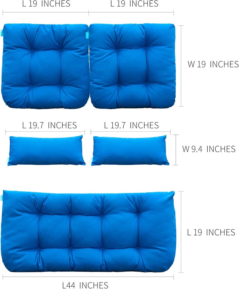 QILLOWAY Outdoor Patio Wicker Seat Cushions Group Loveseat/Two U-Shape/Two Lumbar Pillows for Patio Furniture,Wicker Loveseat,Bench,Porch,All Weather, Settee of 5 (Blue) - Image 2