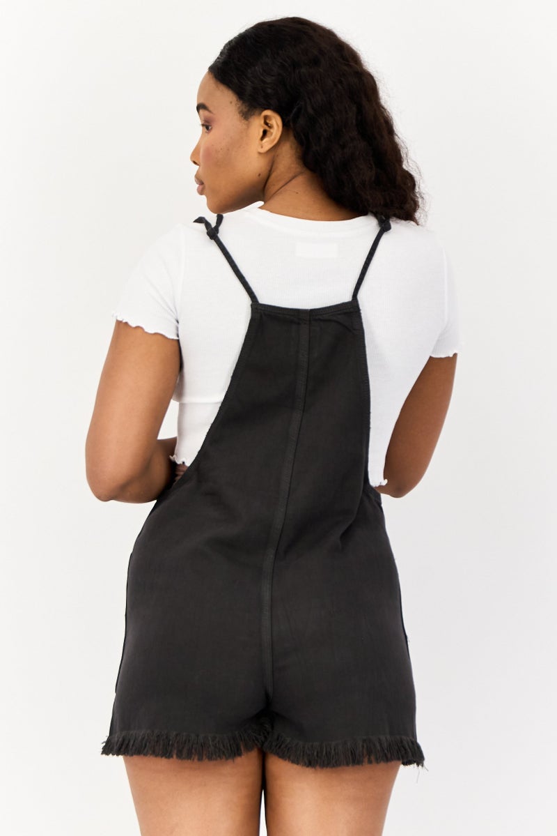 Aerie Women Solid Fringed Detail Sleeveless Playsuit, Black - Image 3