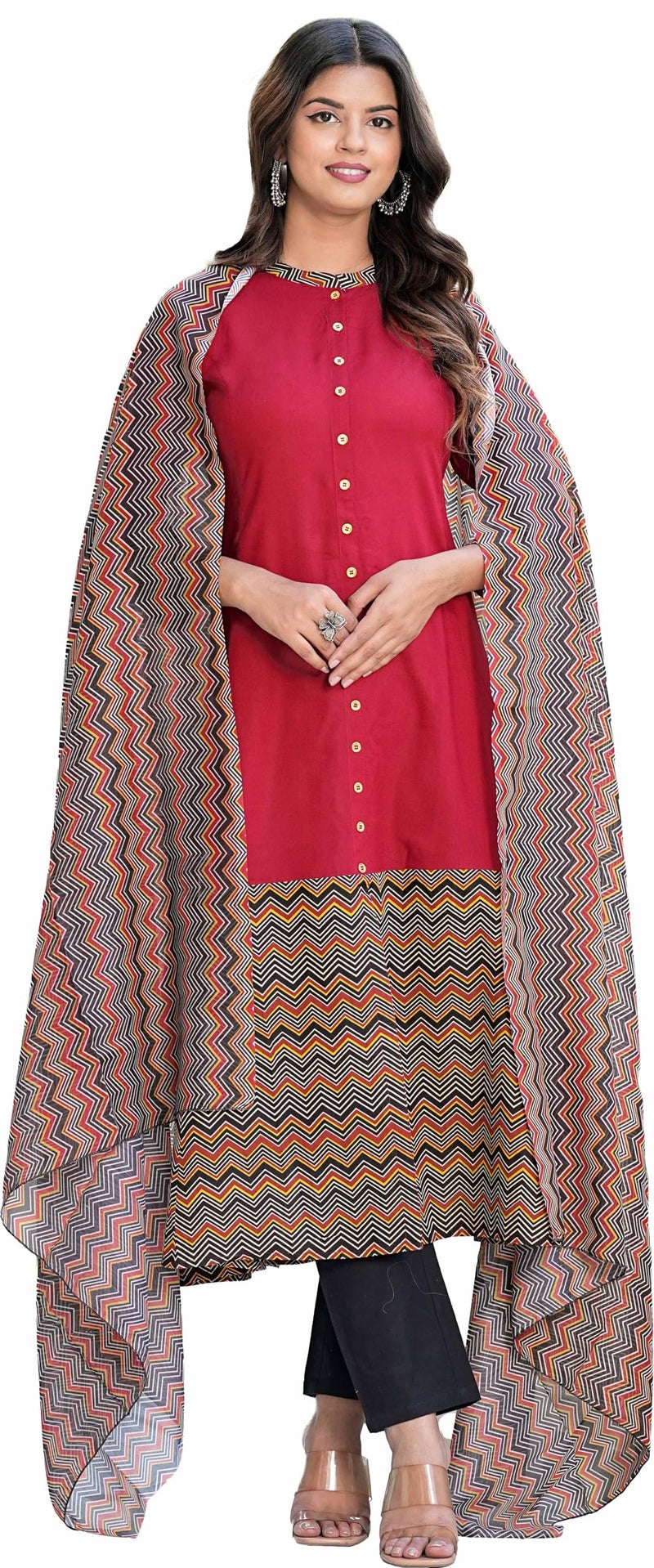 Yash Gallery Women's Rayon & Cotton Cambric Zig-Zag Printed A-Line Kurta Pant With Dupatta Maroon, Small - Image 1