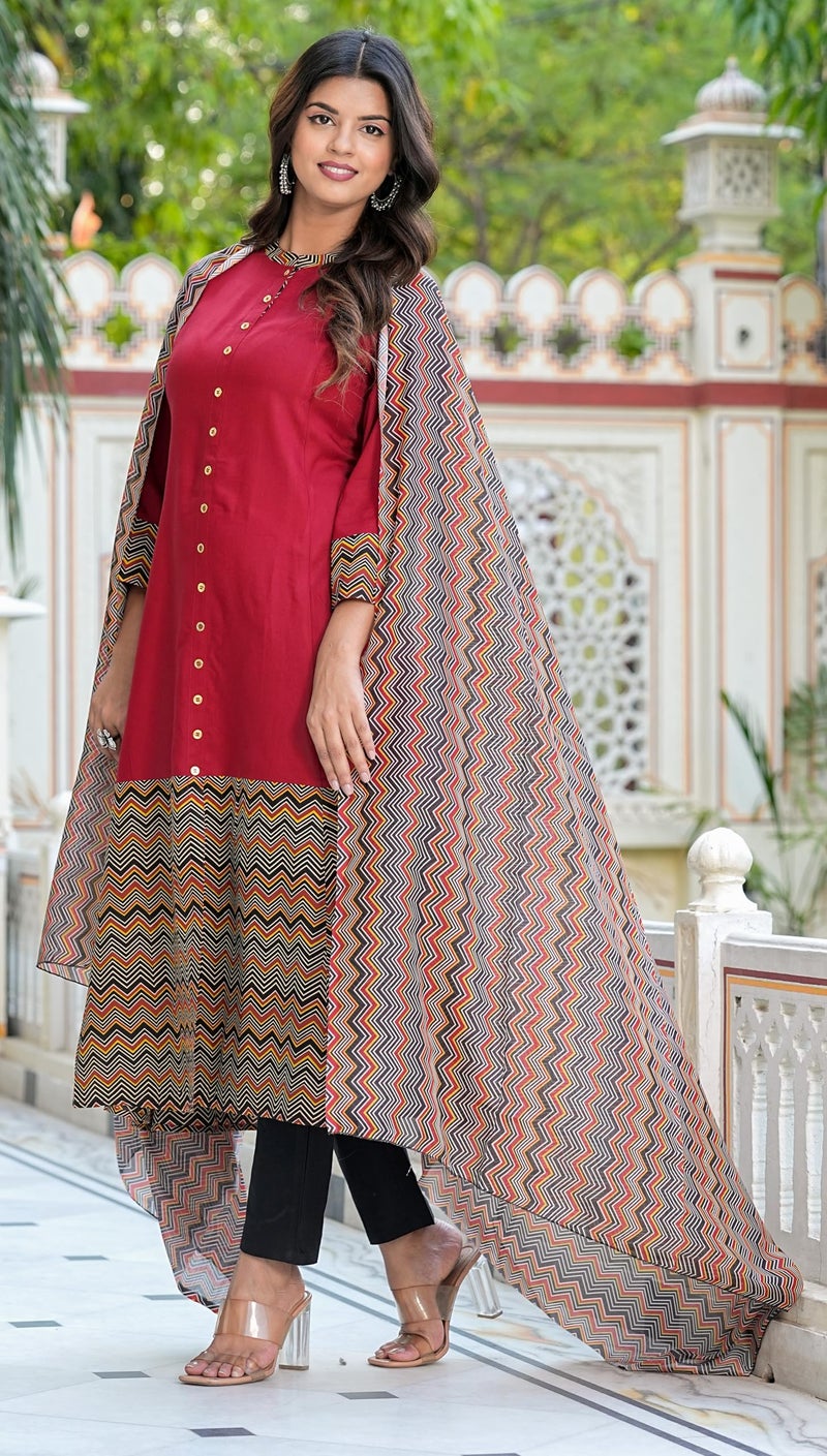 Yash Gallery Women's Rayon & Cotton Cambric Zig-Zag Printed A-Line Kurta Pant With Dupatta Maroon, Small - Image 3