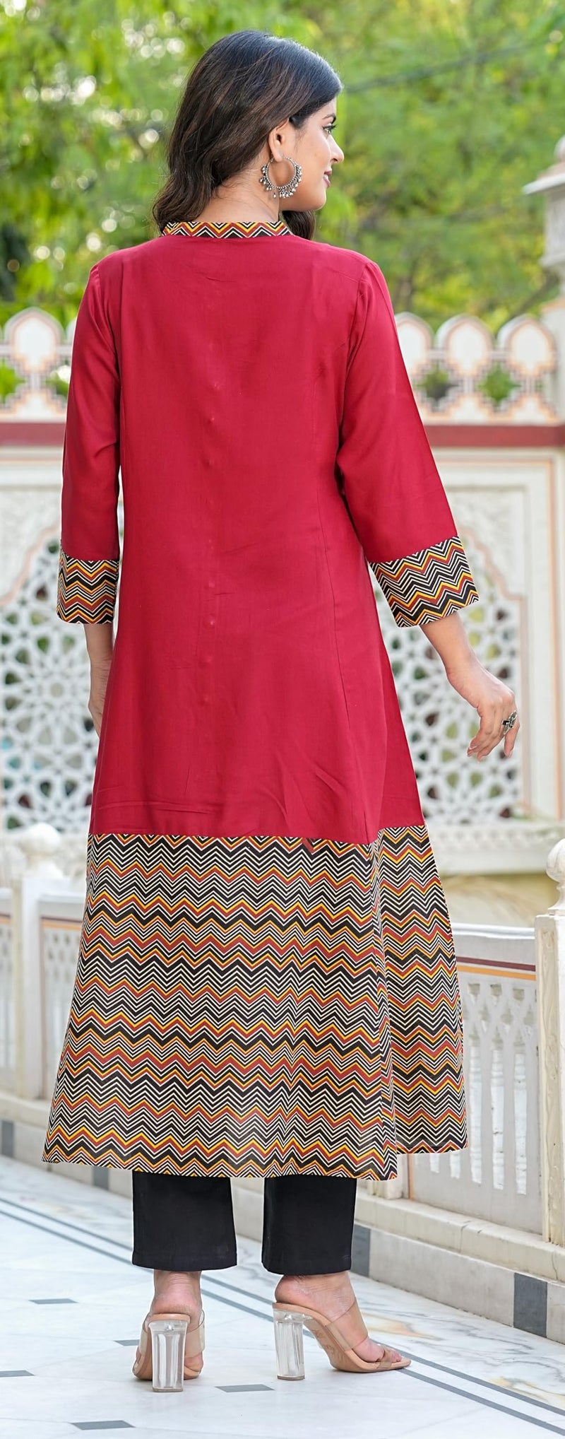 Yash Gallery Women's Rayon & Cotton Cambric Zig-Zag Printed A-Line Kurta Pant With Dupatta Maroon, Small - Image 4
