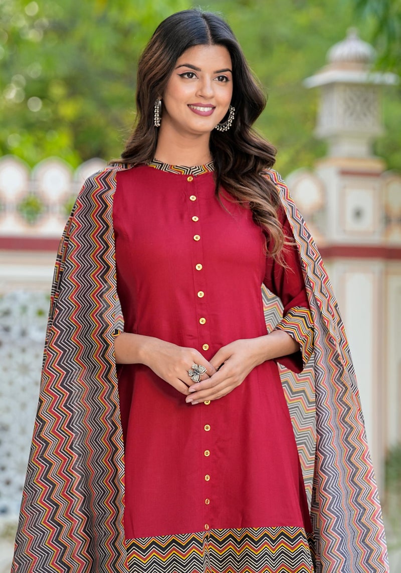 Yash Gallery Women's Rayon & Cotton Cambric Zig-Zag Printed A-Line Kurta Pant With Dupatta Maroon, Small - Image 5