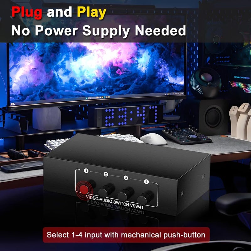 FlyroadUp RCA AV Switch 4 in 1 Out Composite Video Switcher L/R Audio Selector Box - Image 3
