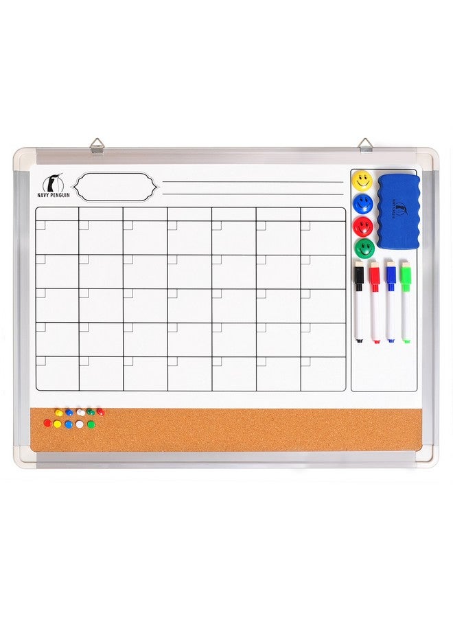 Navy Penguin Whiteboard Monthly Wall Calendar Set - 24 X 18 Inch Magnetic Dry Erase/Cork Board Planner With 1 Eraser, 4 Dry Wipe Markers, 4 Magnets And 10 Thumb Tacks - Small Hanging Framed White Bulletin Board - Image 1