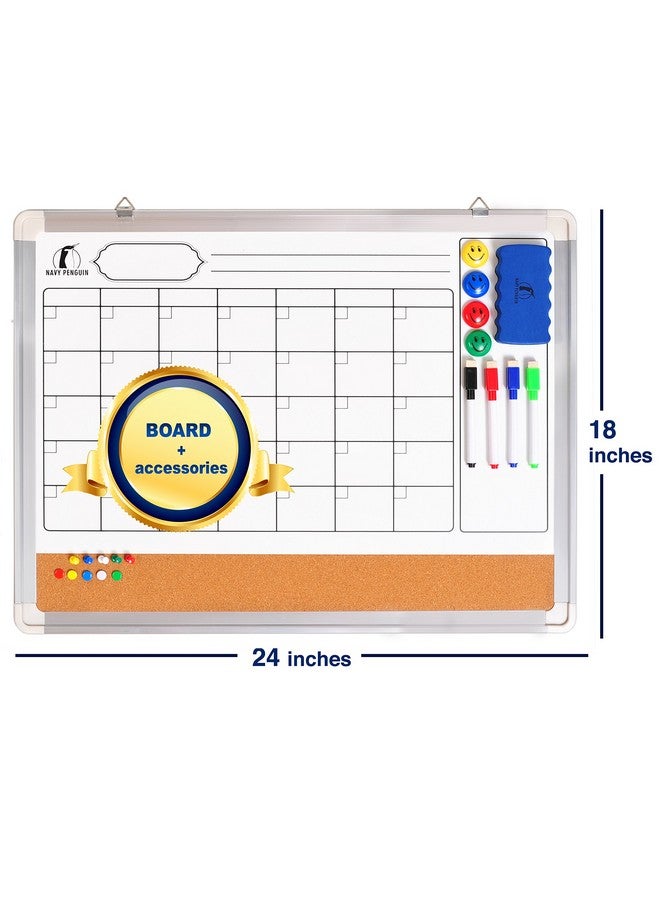 Navy Penguin Whiteboard Monthly Wall Calendar Set - 24 X 18 Inch Magnetic Dry Erase/Cork Board Planner With 1 Eraser, 4 Dry Wipe Markers, 4 Magnets And 10 Thumb Tacks - Small Hanging Framed White Bulletin Board - Image 2