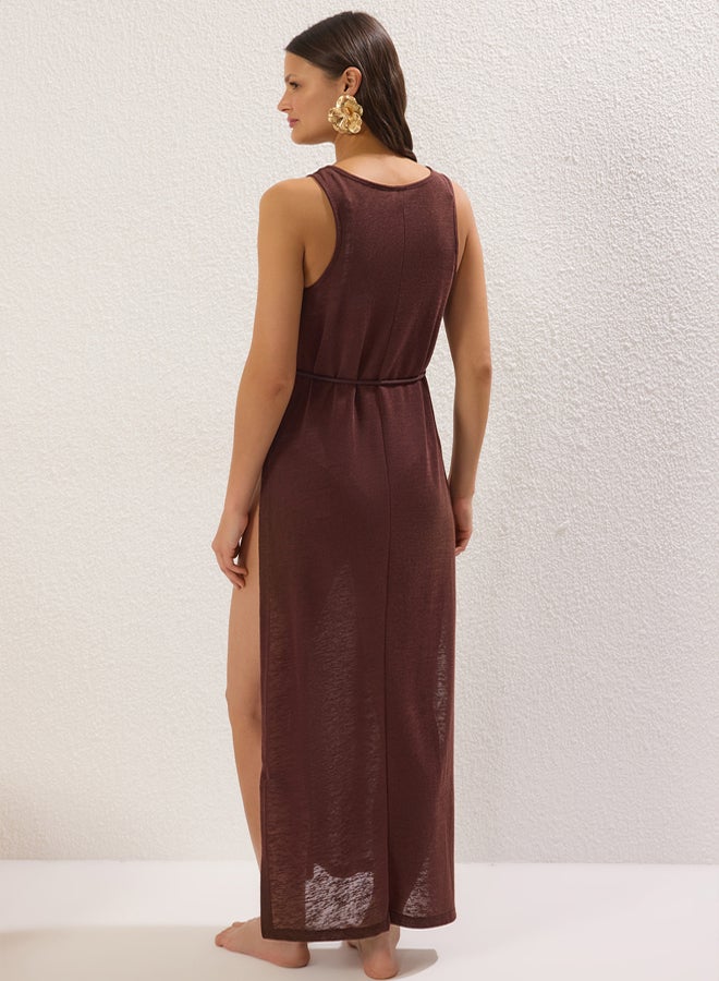trendyol Brown Maxi Knitted Slit Beach Dress - Image 4
