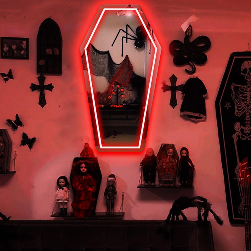 DUOLIYBC Coffin Mirror Neon Sign, Coffin Neon Signs for Wall Decor, Goth Neon Sign Gift for Goth Lovers, Coffin Make-up Mirror Whimsical Goth Home Decor 17â€³Ã—9.44â€³ - Image 3