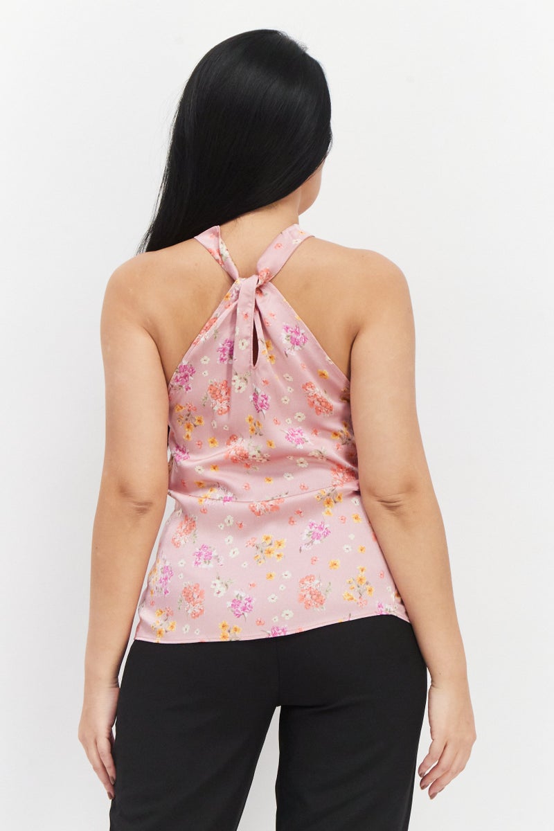 Aqua بلوزة نسائية بدون أكمام بتصميم هالتر مزينة بالزهور، مجموعة وردية - Image 4