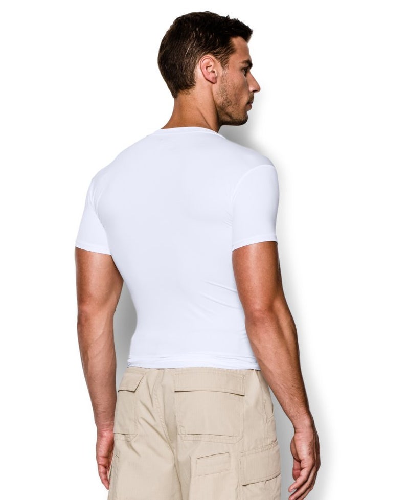 UNDER ARMOUR تي شيرت ضغط قصير الأكمام بتصميم V من أندر أرمور للرجال بتقنية HeatGear ، أبيض (100)/شفاف، كبير - Image 3