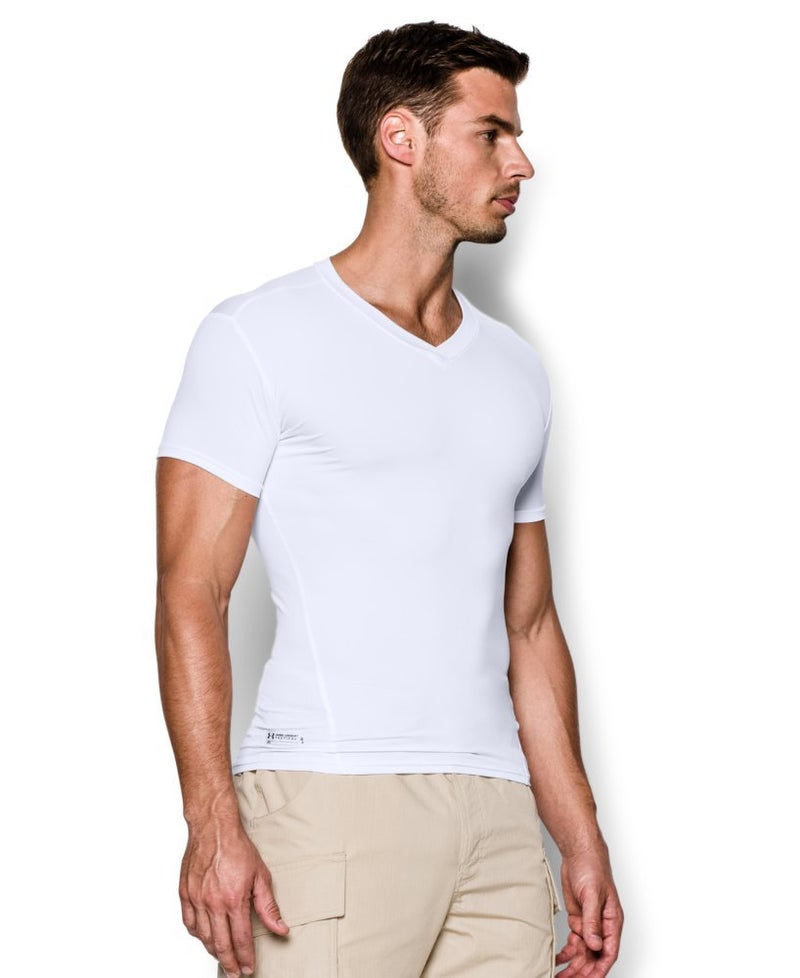 UNDER ARMOUR تي شيرت ضغط قصير الأكمام بتصميم V من أندر أرمور للرجال بتقنية HeatGear ، أبيض (100)/شفاف، كبير - Image 4