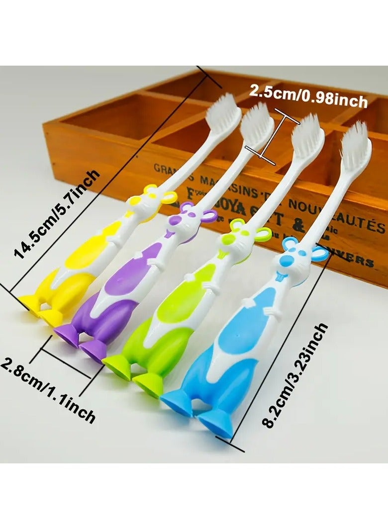 Goolsky 4pcs, Cartoon Toothbrush Bamboo Charcoal Soft Hair 4pcs Silicone Cute Cleaning Toothbrush Short Handle Toothbrush Set with Four Suction Cups  - Image 3