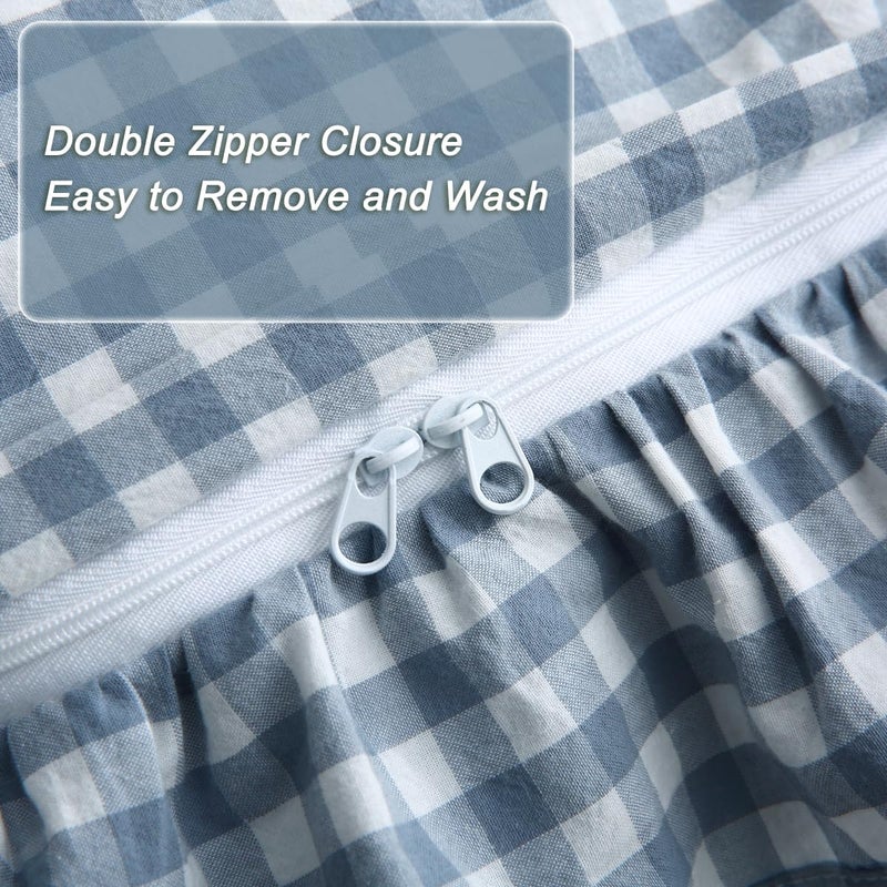 Silnuo Light Blue/White Plaid Ruffle Duvet Cover Queen Size,100% Washed Cotton 3 Pieces Shabby Checkered Chic Gingham Bedding Set Comforter Cover Set - Image 4