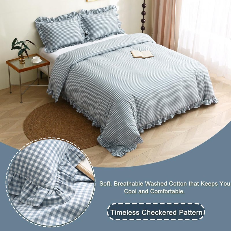 Silnuo Light Blue/White Plaid Ruffle Duvet Cover Queen Size,100% Washed Cotton 3 Pieces Shabby Checkered Chic Gingham Bedding Set Comforter Cover Set - Image 2