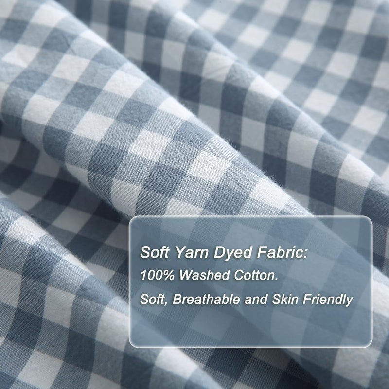 Silnuo Light Blue/White Plaid Ruffle Duvet Cover Queen Size,100% Washed Cotton 3 Pieces Shabby Checkered Chic Gingham Bedding Set Comforter Cover Set - Image 5