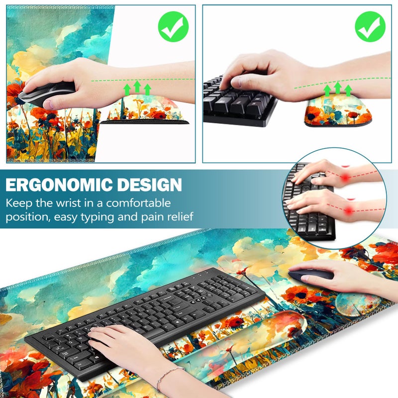 ARTSO Gaming Mouse Pad Wrist Support Set, XXL Large Desk Mat Mousepad + Keyboard Wrist Support+ Mouse Wrist Rest+Coaster 4in1 Ergonomic, Stitched Edge for Home Office -Oil Painting Flowers Plants - Image 3