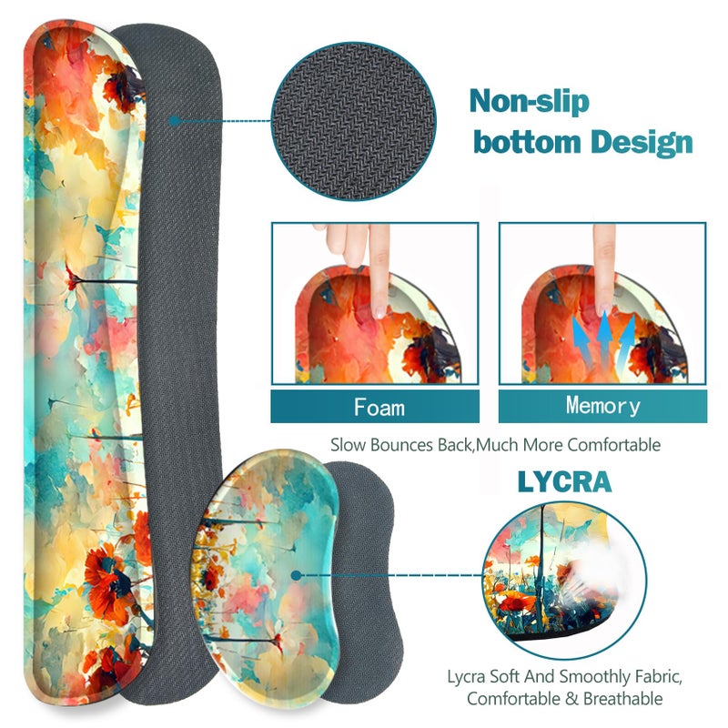 ARTSO Gaming Mouse Pad Wrist Support Set, XXL Large Desk Mat Mousepad + Keyboard Wrist Support+ Mouse Wrist Rest+Coaster 4in1 Ergonomic, Stitched Edge for Home Office -Oil Painting Flowers Plants - Image 5
