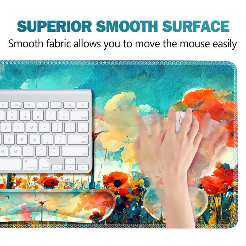 ARTSO Gaming Mouse Pad Wrist Support Set, XXL Large Desk Mat Mousepad + Keyboard Wrist Support+ Mouse Wrist Rest+Coaster 4in1 Ergonomic, Stitched Edge for Home Office -Oil Painting Flowers Plants - Image 4