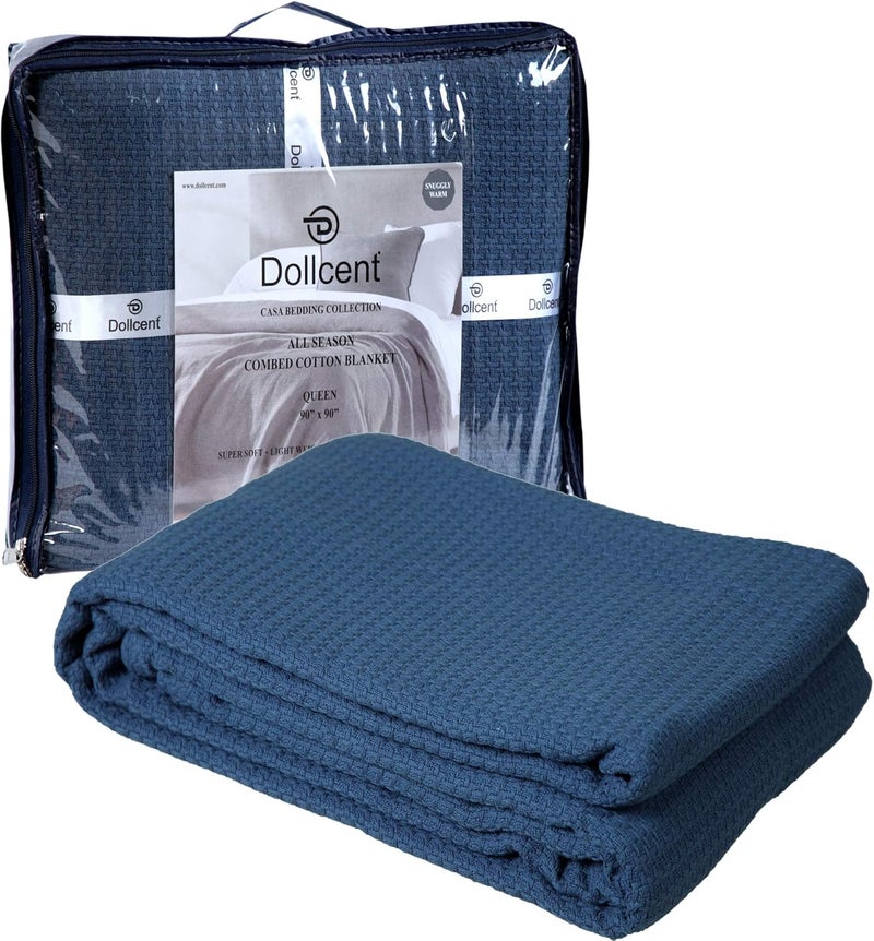 DOLLCENT 100% Cotton King Size Blanket for Bed, Premium Soft Combed Lightweight Blankets, Washed Breathable Cozy Bed Throw Blanket, Navy King Cotton Blankets for All Season: Navy (108"x90") - Image 1