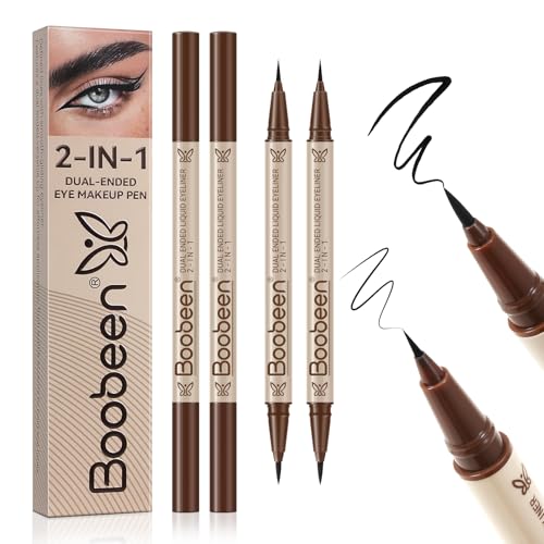 Boobeen 2pcs Liquid Eyebrow PencilDualEnded Eyebrow Pen with Thick Tip and Precise Brush TipWaterproof Black Liquid Liner PenMatte FinishAll Day WearSmudgeproofBrown - Image 1