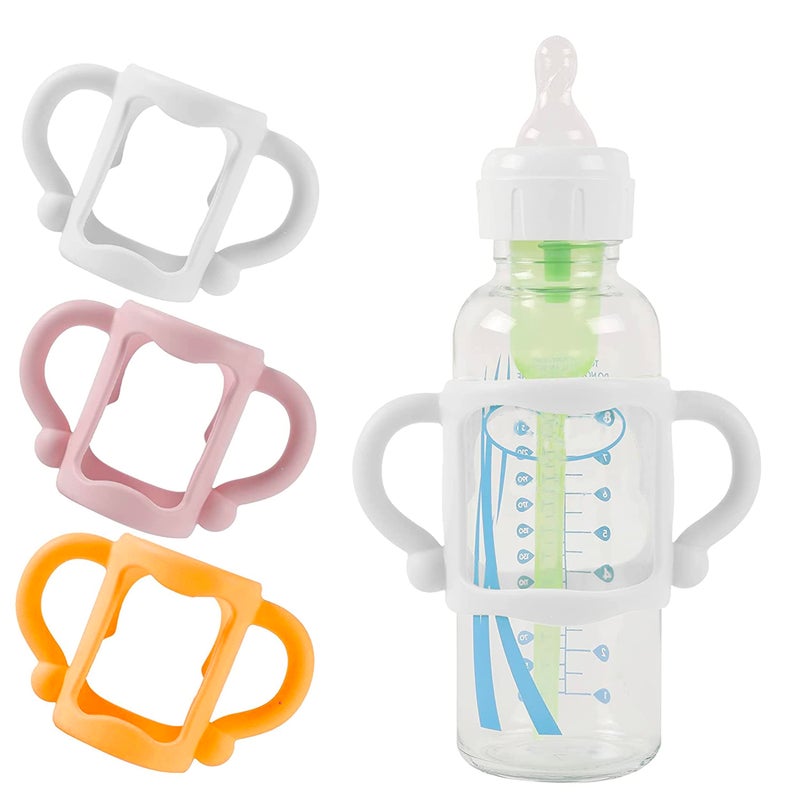 TonGass (3-Pack) Bottle Handles for Dr Brown Baby Bottles with Easy Grip Handles to Hold Their Own Bottle - BPA-Free Soft Silicone (White Pink Orange) - Image 1