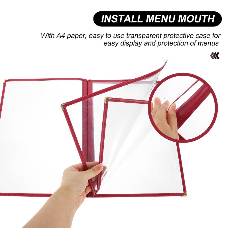 A4 Red PVC Menu Cover Folder 4 Sheet Protective Holder For Restaurant Coffee Bar Recipe - Image 5