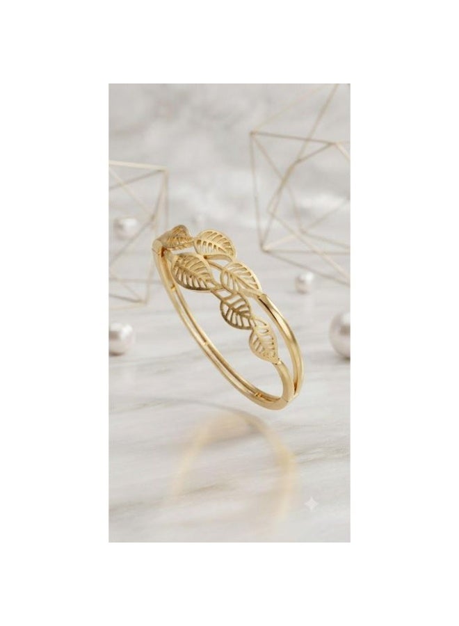 Stainless Steel Gold Tone Vine-Inspired Openwork Leaf Design Bangle with Polished Clasp
