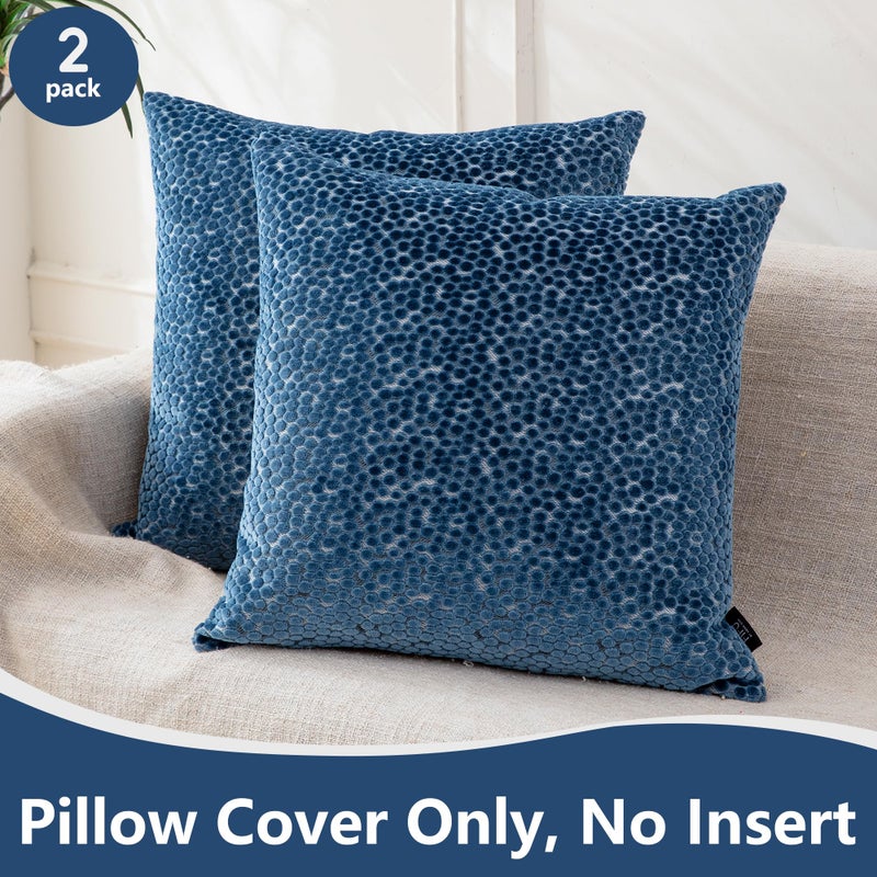 FIFU 2-Pack 18x18 Inch Decorative Throw Pillow Covers - Jacquard Velvet Front with Linen-Look Back, Invisible Zipper, Machine Washable Cushion Shells for Living Room, Bedroom & Home Sofa, Oxford Blue - Image 2
