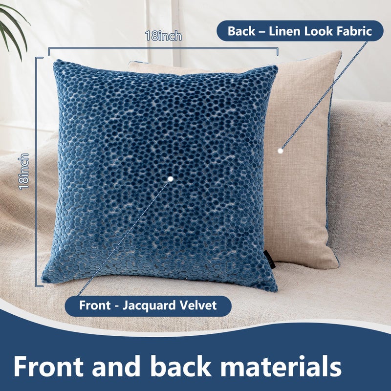 FIFU 2-Pack 18x18 Inch Decorative Throw Pillow Covers - Jacquard Velvet Front with Linen-Look Back, Invisible Zipper, Machine Washable Cushion Shells for Living Room, Bedroom & Home Sofa, Oxford Blue - Image 3