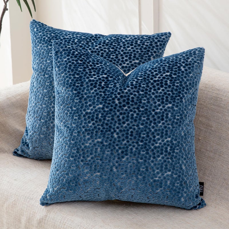 FIFU 2-Pack 18x18 Inch Decorative Throw Pillow Covers - Jacquard Velvet Front with Linen-Look Back, Invisible Zipper, Machine Washable Cushion Shells for Living Room, Bedroom & Home Sofa, Oxford Blue - Image 1