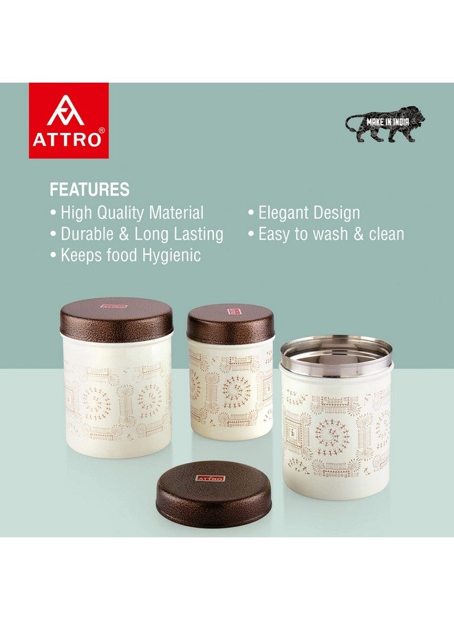 Attro Wedding Collection Stainless Steel Airtight Kitchen Storage Container With Lid For Tea Coffee & Sugar, Dry Fruit Jars, Storage Box, Set Of 3 - Beige & Gold - Image 2