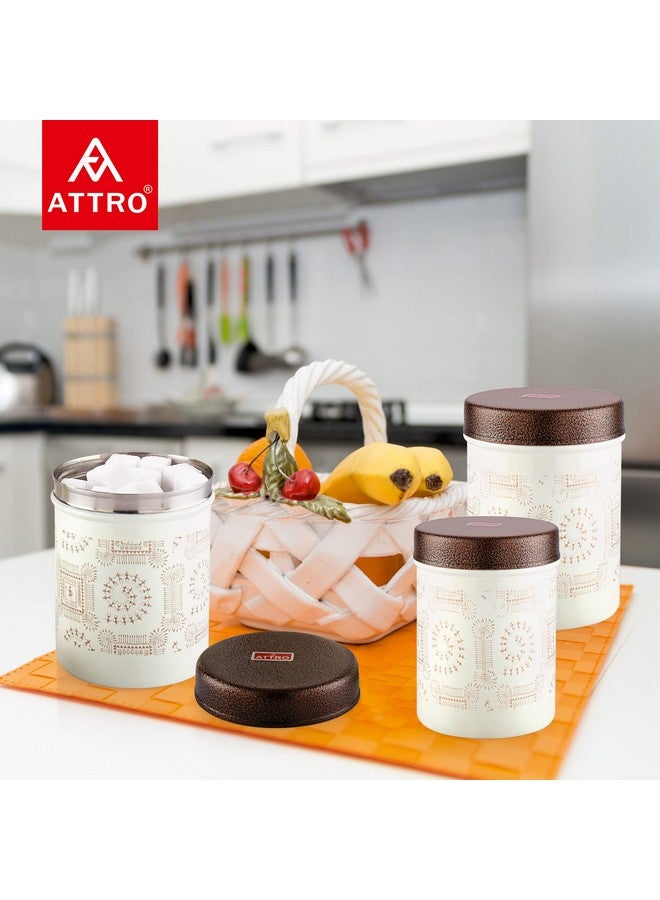 Attro Wedding Collection Stainless Steel Airtight Kitchen Storage Container With Lid For Tea Coffee & Sugar, Dry Fruit Jars, Storage Box, Set Of 3 - Beige & Gold - Image 4