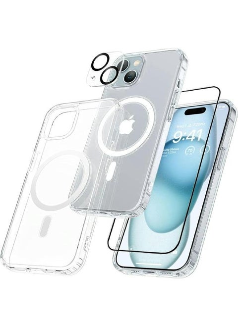 Magnetic MagSafe (3in1) Clear Magnetic Case for iPhone 14 with Screen Protector, Full Back Protection and Camera Lens Protector, Complete Coverage Set for Apple iPhone 14