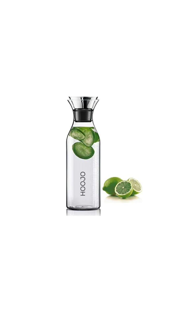 HOOJO® Glass Water Carafe 1000ml with Stainless Steel Flip-Top Lid | Drip-Free Pitcher for Hot & Cold Beverages, Juice, Coffee, Iced Tea & Infused Water | Borosilicate Glass Decanter for Home & Fridge - Image 1