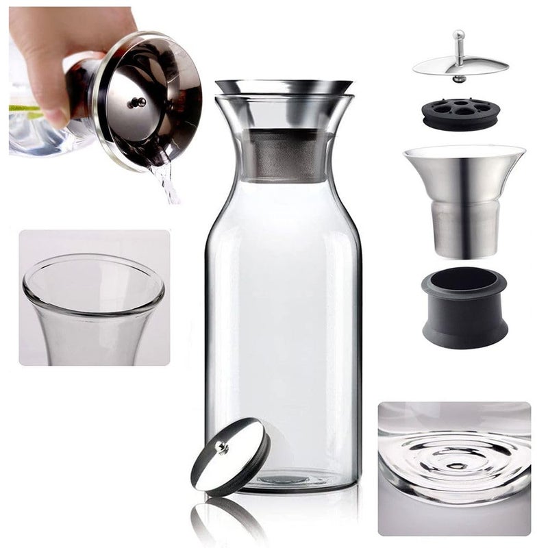 HOOJO® Glass Water Carafe 1000ml with Stainless Steel Flip-Top Lid | Drip-Free Pitcher for Hot & Cold Beverages, Juice, Coffee, Iced Tea & Infused Water | Borosilicate Glass Decanter for Home & Fridge - Image 5