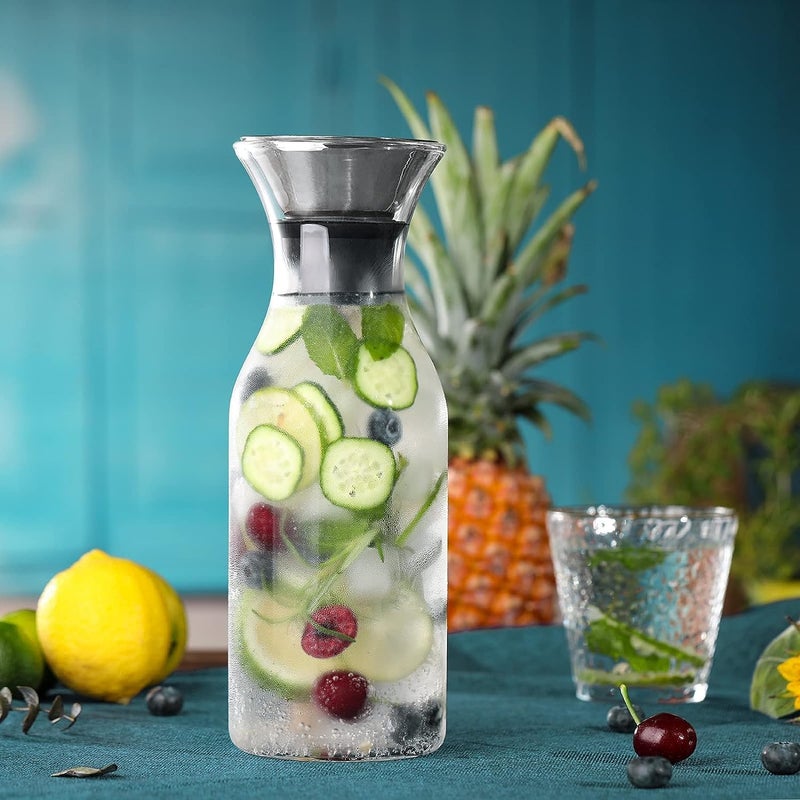 HOOJO® Glass Water Carafe 1000ml with Stainless Steel Flip-Top Lid | Drip-Free Pitcher for Hot & Cold Beverages, Juice, Coffee, Iced Tea & Infused Water | Borosilicate Glass Decanter for Home & Fridge - Image 2