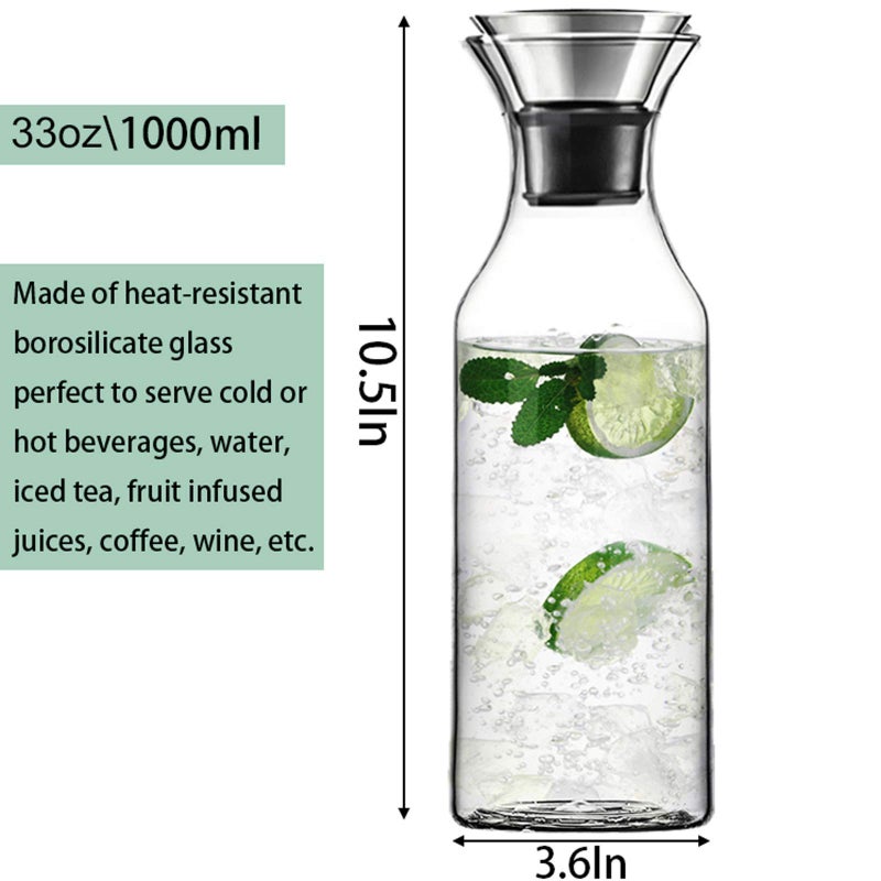 HOOJO® Glass Water Carafe 1000ml with Stainless Steel Flip-Top Lid | Drip-Free Pitcher for Hot & Cold Beverages, Juice, Coffee, Iced Tea & Infused Water | Borosilicate Glass Decanter for Home & Fridge - Image 4