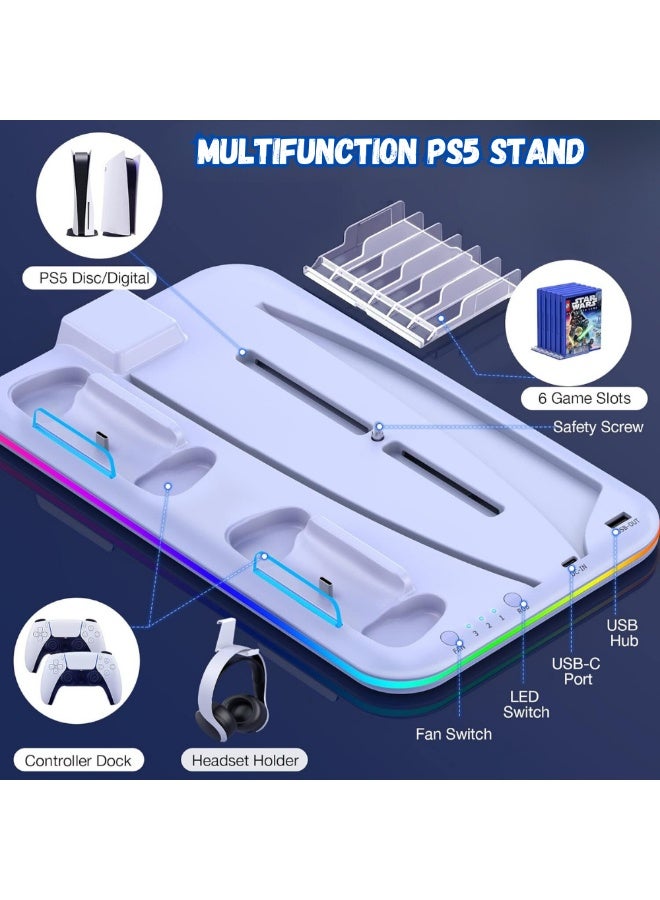 XiuWoo PS5 Stand and Cooling Station with Dual Controller Charger, Headset Holder & Cooling Fan, Multifunctional Vertical Stand for PlayStation 5 Console, Compatible with PS5 Slim, Pro, and Standard - Image 4